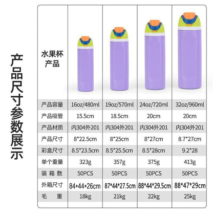 Cross-border New Fruit Cup304Stainless Steel Insulated Cup Large Capacity Double Drinking Cup Portable Car Sports Water Bottle